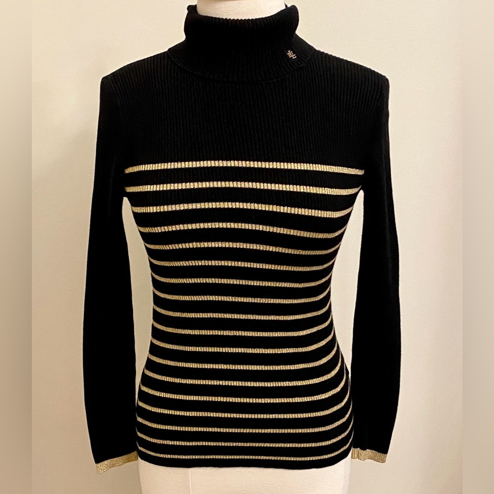 Lauren Ralph Lauren Black Gold Metallic Striped M Quiet Luxury Knit Sweater